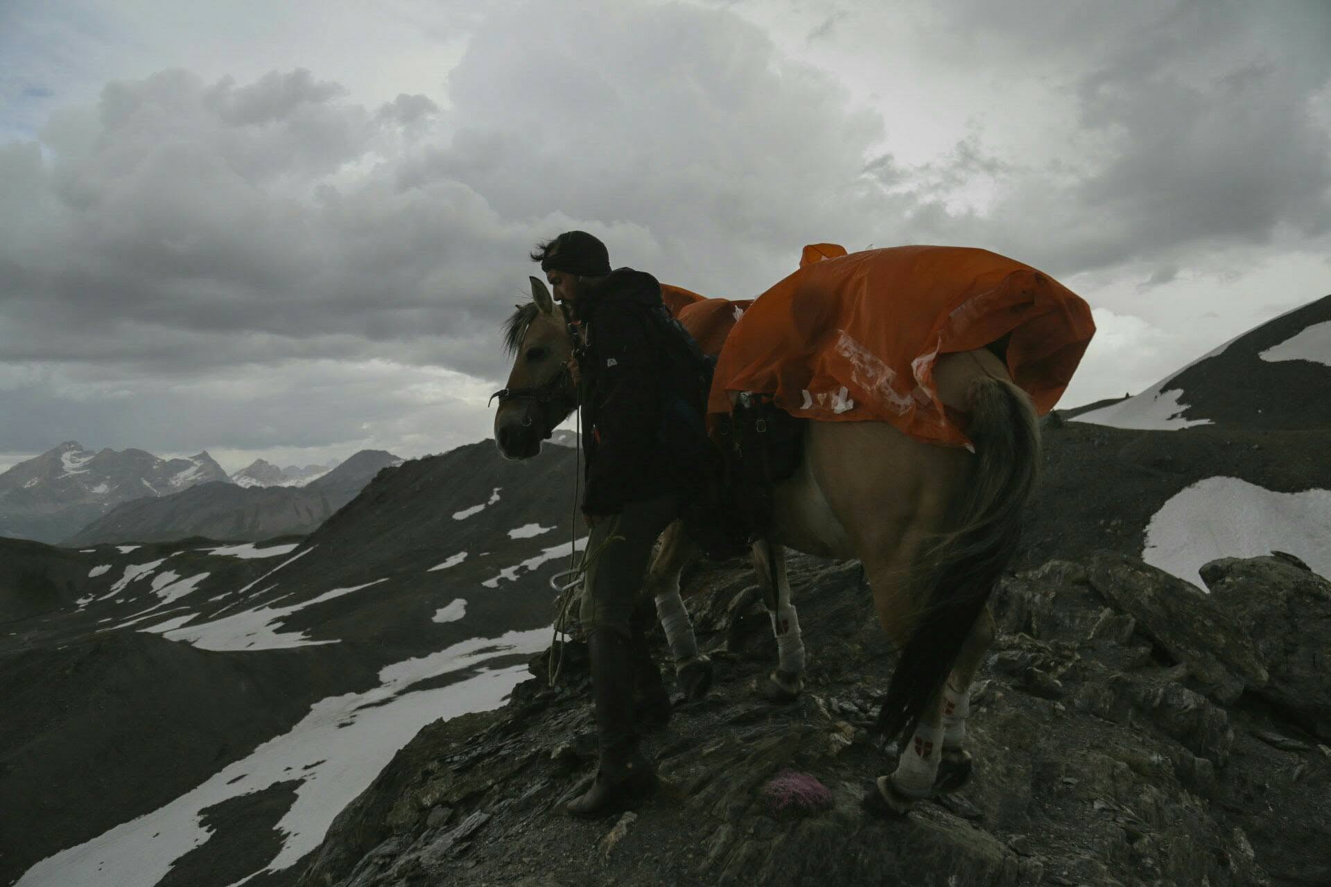 Cyril Robert et sa jument Kamaée sur une crête des Alpes au lever du soleil